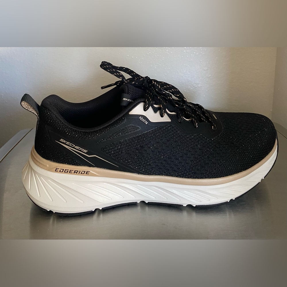 SKECHERS.. EDGERIDGE WOMENS EDGERIDGE BLACK AND GOLD SNEAKERS - Picture 2 of 16